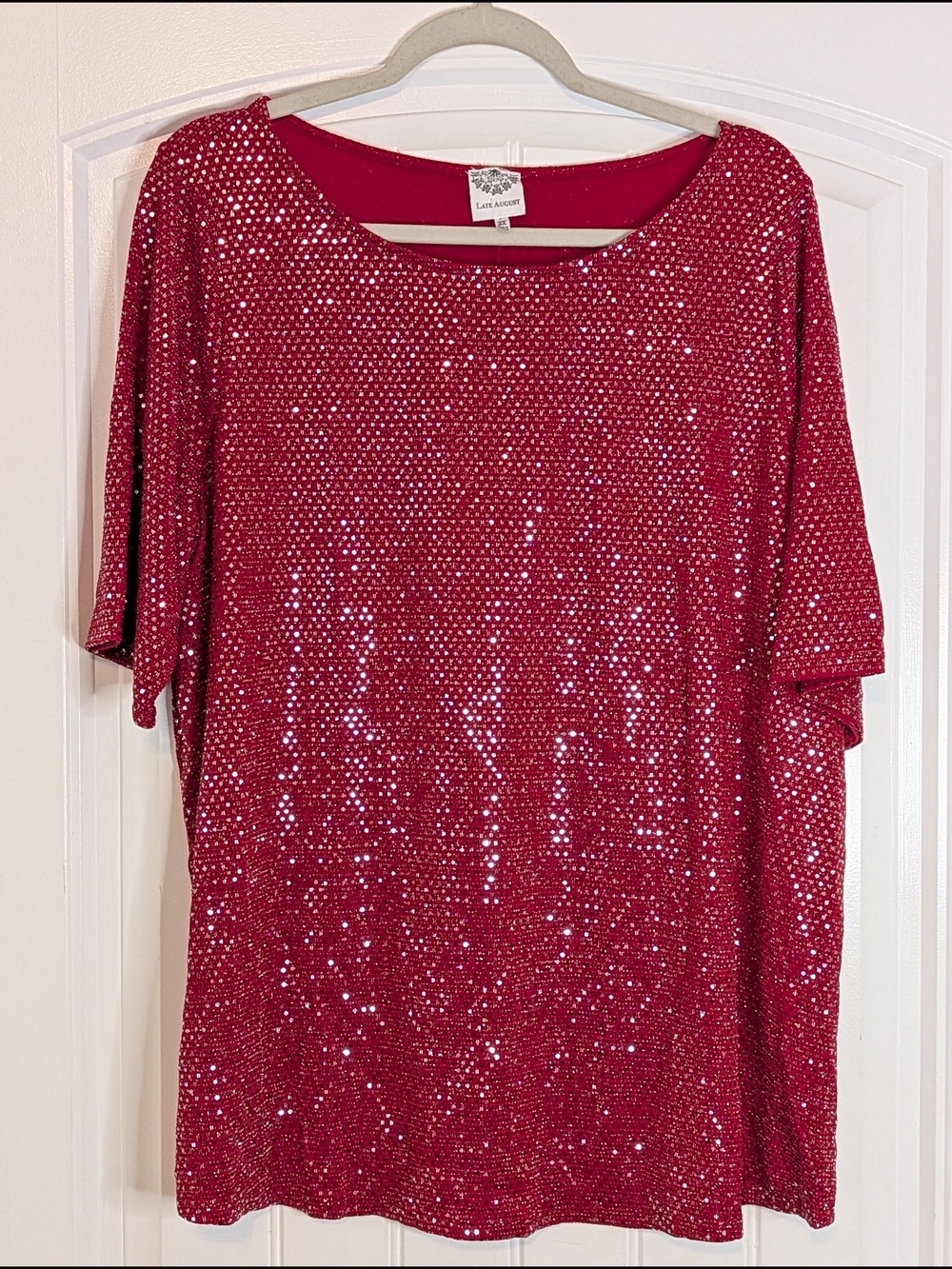 Late August Plus Size Red and Silver Sparkly Short Sleeve Shirt